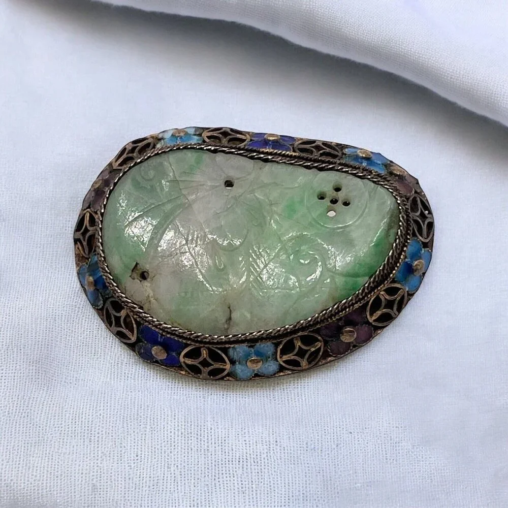 Sterling Silver 925 Carved Jade Enameled Brooch‎ Pin VTG Chinese Asian Flowers